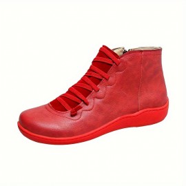 Women's Flat Lace Up High Top Boots, Solid Color Comfortable Zipper Flat Sneakers, Women's Footwear