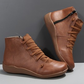 Women's Ankle Boots, Zip Side Lace-up Detail Flat Boots