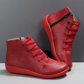 Women's Ankle Boots, Zip Side Lace-up Detail Flat Boots