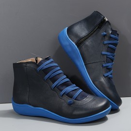 Women's Ankle Boots, Zip Side Lace-up Detail Flat Boots