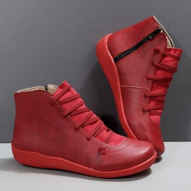 Women's Ankle Boots, Zip Side Lace-up Detail Flat Boots