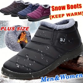 Women's Solid Color Snow Boots, Casual Slip On Plush Lined Short Boots, Comfortable Ankle Booties