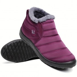 Women's Solid Color Snow Boots, Casual Slip On Plush Lined Short Boots, Comfortable Ankle Booties