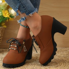 Women's Chunky Heeled Ankle Boots, Fashion Lace Up & Side Zipper Booties, All-Match High Heeled Short Boots