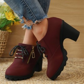 Women's Chunky Heeled Ankle Boots, Fashion Lace Up & Side Zipper Booties, All-Match High Heeled Short Boots