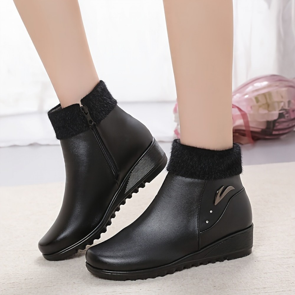 Women's Solid Color Fluffy Boots, Side Zipper Comfy Platform Warm Lined Boots, Winter Non-slip Snow Boots