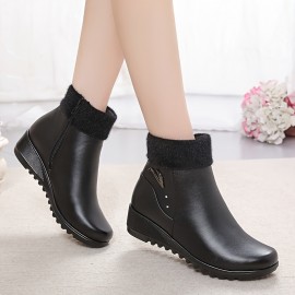 Women's Solid Color Fluffy Boots, Side Zipper Comfy Platform Warm Lined Boots, Winter Non-slip Snow Boots