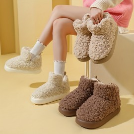 Women's Solid Color Fuzzy Boots, Slip On Thermal Lined Platform Soft Sole Boots, Winter Plush Non-slip Cozy Boots