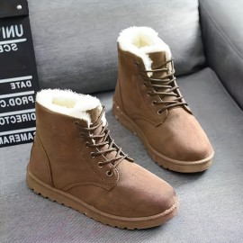 Women's Solid Color Snow Boots, Casual Lace Up Plush Lined Boots, Comfortable Ankle Boots