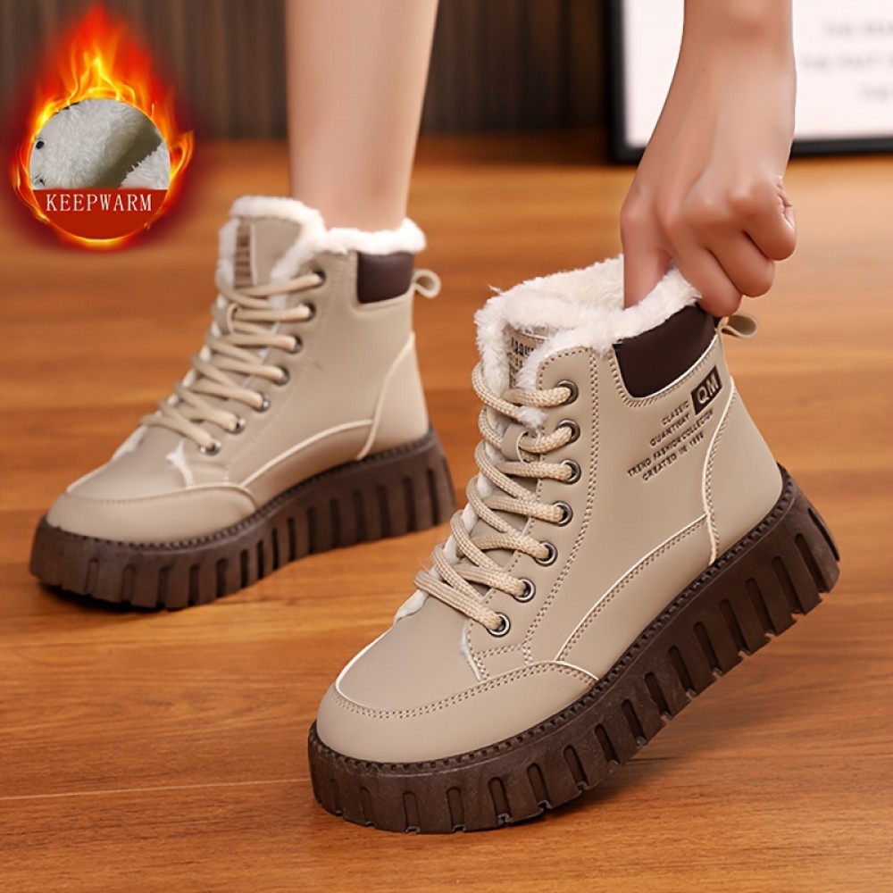 Women's Solid Color Fluffy Boots, Lace Up Soft Sole Platform Plush Lined Boots, Non-slip Winter Snow Boots