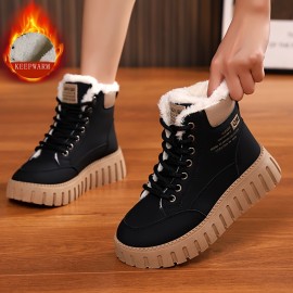 Women's Solid Color Fluffy Boots, Lace Up Soft Sole Platform Plush Lined Boots, Non-slip Winter Snow Boots