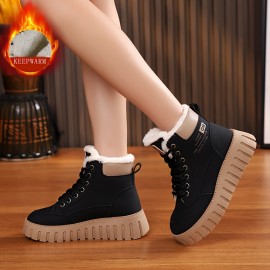 Women's Solid Color Fluffy Boots, Lace Up Soft Sole Platform Plush Lined Boots, Non-slip Winter Snow Boots