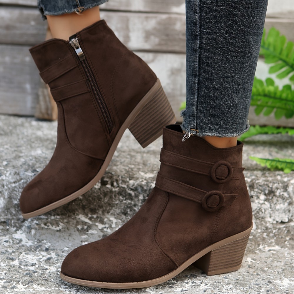 Women's Retro Chunky Heeled Ankle Boots, Double Buckle Strap Side Zipper Boots, Comfortable Short Boots