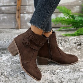 Women's Retro Chunky Heeled Ankle Boots, Double Buckle Strap Side Zipper Boots, Comfortable Short Boots