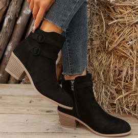 Women's Retro Chunky Heeled Ankle Boots, Double Buckle Strap Side Zipper Boots, Comfortable Short Boots