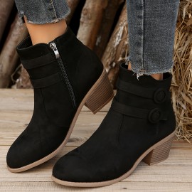 Women's Retro Chunky Heeled Ankle Boots, Double Buckle Strap Side Zipper Boots, Comfortable Short Boots