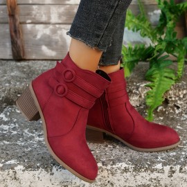 Women's Retro Chunky Heeled Ankle Boots, Double Buckle Strap Side Zipper Boots, Comfortable Short Boots