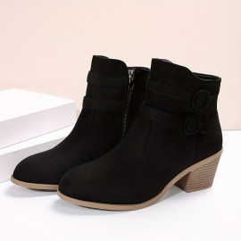 Women's Retro Chunky Heeled Ankle Boots, Double Buckle Strap Side Zipper Boots, Comfortable Short Boots