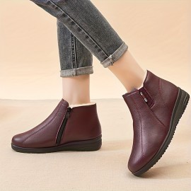 Women's Fleece Lining Winter Boots, Side Zipper Fluffy Platform Soft Sole Ankle Shoes, Solid Color Minimalist Boots