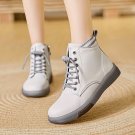 Women's Solid Color Trendy Boots, Side Zipper Comfy Soft Sole Platform Ankle Boots, Winter Round Toe Boots