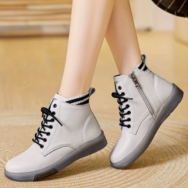 Women's Solid Color Trendy Boots, Side Zipper Comfy Soft Sole Platform Ankle Boots, Winter Round Toe Boots