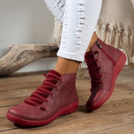 Women's Classic Solid Color Short Boots, Casual Lace Up Side Zipper Boots, Comfortable Ankle Boots