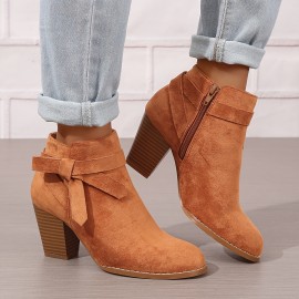 Women's Chunky Heeled Ankle Boots, Bowknot Side Zipper Stacked Heels Booties, Casual Suedette Short Boots