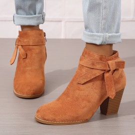 Women's Chunky Heeled Ankle Boots, Bowknot Side Zipper Stacked Heels Booties, Casual Suedette Short Boots