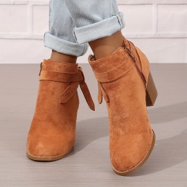 Women's Chunky Heeled Ankle Boots, Bowknot Side Zipper Stacked Heels Booties, Casual Suedette Short Boots