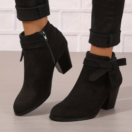 Women's Chunky Heeled Ankle Boots, Bowknot Side Zipper Stacked Heels Booties, Casual Suedette Short Boots