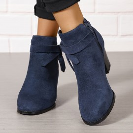 Women's Chunky Heeled Ankle Boots, Bowknot Side Zipper Stacked Heels Booties, Casual Suedette Short Boots