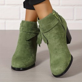 Women's Chunky Heeled Ankle Boots, Bowknot Side Zipper Stacked Heels Booties, Casual Suedette Short Boots