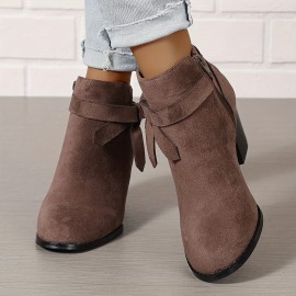 Women's Chunky Heeled Ankle Boots, Bowknot Side Zipper Stacked Heels Booties, Casual Suedette Short Boots