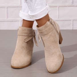 Women's Chunky Heeled Ankle Boots, Bowknot Side Zipper Stacked Heels Booties, Casual Suedette Short Boots