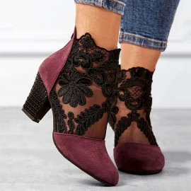 Women's Floral Lace Ankle Boots, Fashionable Pointed Toe Chunky Heeled Boots, Versatile High Heeled Boots