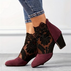 Women's Floral Lace Ankle Boots, Fashionable Pointed Toe Chunky Heeled Boots, Versatile High Heeled Boots