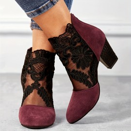 Women's Floral Lace Ankle Boots, Fashionable Pointed Toe Chunky Heeled Boots, Versatile High Heeled Boots