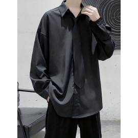 Men's Loose Stylish Shirt Top Turn-Down Collar Long Sleeves Closure Regular Fit Solid Color Black Male Casual Shirt For Daily