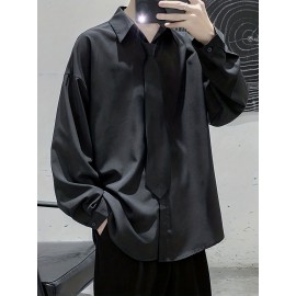 Men's Loose Stylish Shirt Top Turn-Down Collar Long Sleeves Closure Regular Fit Solid Color Black Male Casual Shirt For Daily