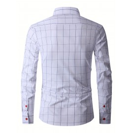 Men's Formal Plaid Design Button Up Shirt, Male Clothes For Spring And Fall Business Occasion, Men's Tops For Beer Festival