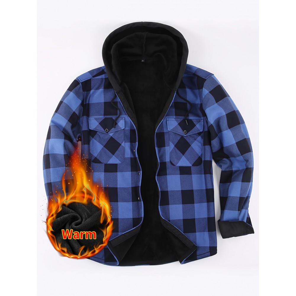 Plus Fleece Warm Daily Men's Plaid Pattern Long Sleeve Hooded Button Shirt For Fall Winter Outdoor, Men's Casual Color Block Shirt Jacket