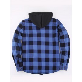 Plus Fleece Warm Daily Men's Plaid Pattern Long Sleeve Hooded Button Shirt For Fall Winter Outdoor, Men's Casual Color Block Shirt Jacket