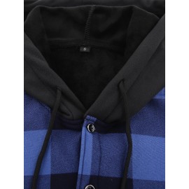 Plus Fleece Warm Daily Men's Plaid Pattern Long Sleeve Hooded Button Shirt For Fall Winter Outdoor, Men's Casual Color Block Shirt Jacket