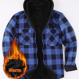 Plus Fleece Warm Daily Men's Plaid Pattern Long Sleeve Hooded Button Shirt For Fall Winter Outdoor, Men's Casual Color Block Shirt Jacket