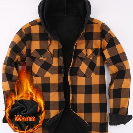 Plus Fleece Warm Daily Men's Plaid Pattern Long Sleeve Hooded Button Shirt For Fall Winter Outdoor, Men's Casual Color Block Shirt Jacket