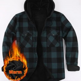 Plus Fleece Warm Daily Men's Plaid Pattern Long Sleeve Hooded Button Shirt For Fall Winter Outdoor, Men's Casual Color Block Shirt Jacket