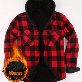 Plus Fleece Warm Daily Men's Plaid Pattern Long Sleeve Hooded Button Shirt For Fall Winter Outdoor, Men's Casual Color Block Shirt Jacket