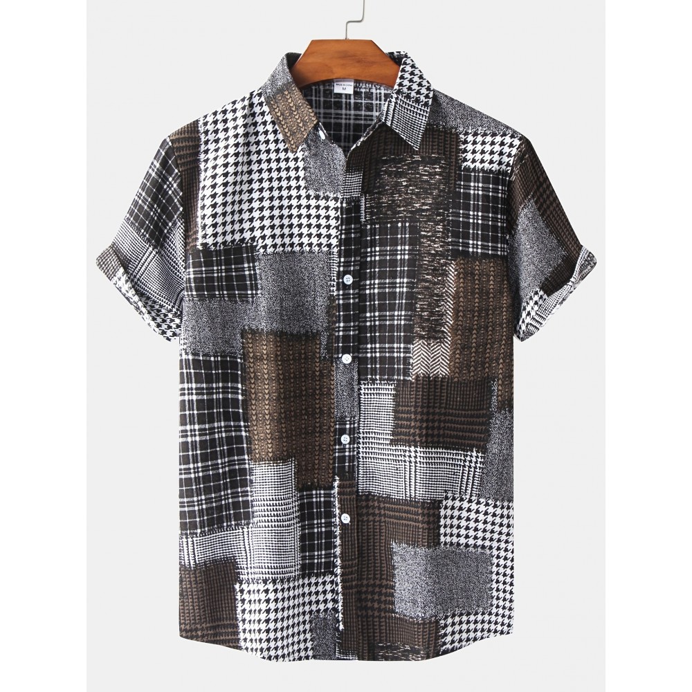 Men's Check Panel Contrast Color Casual Linen Short Sleeve Shirt Best Sellers