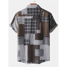 Men's Check Panel Contrast Color Casual Linen Short Sleeve Shirt Best Sellers