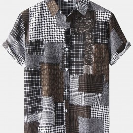 Men's Check Panel Contrast Color Casual Linen Short Sleeve Shirt Best Sellers